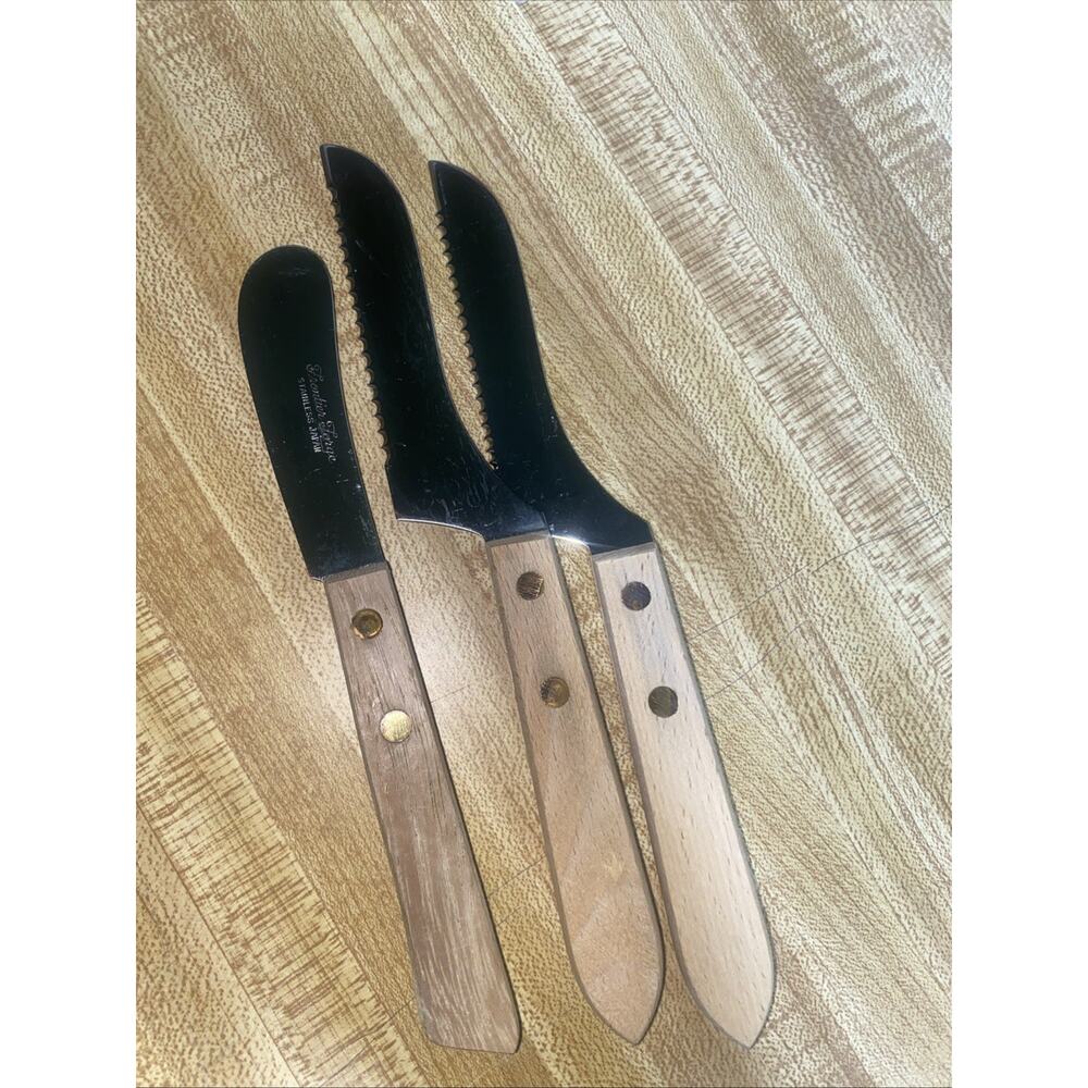 3 Cheese Knives Stainless Steel Wood Handle Vintage JAPAN Frontier Forge